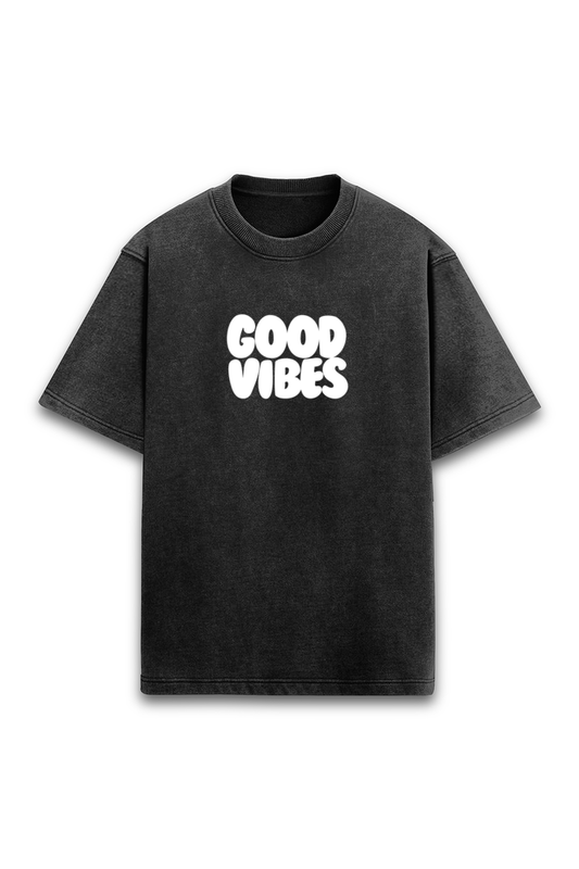 **"Good Vibes" Oversized Acid Wash T-Shirt with Puff Print**